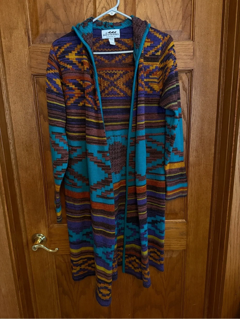 Aztec Hooded Open-Front Cardigan in Teal & Purple